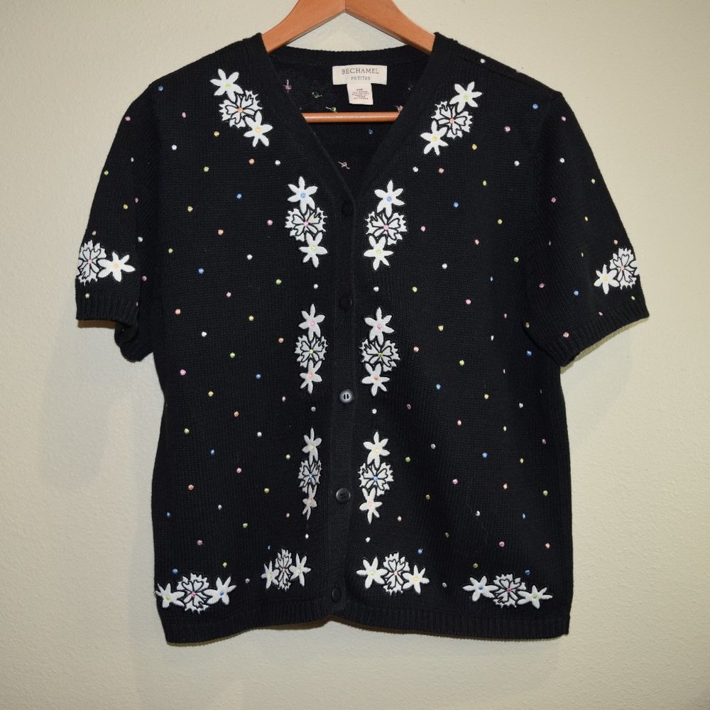VTG Bechamel Floral Knit SS Embroidered Sweater Top Shirt Cardigan Dots A68